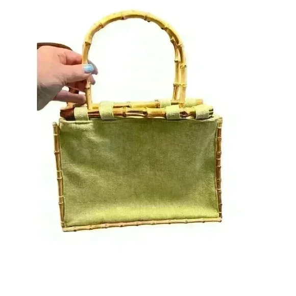 Vintage Bamboo 54 Green Fabric Handbag Magnetic‎ Closure Summer Beach Vacation - Picture 9 of 11